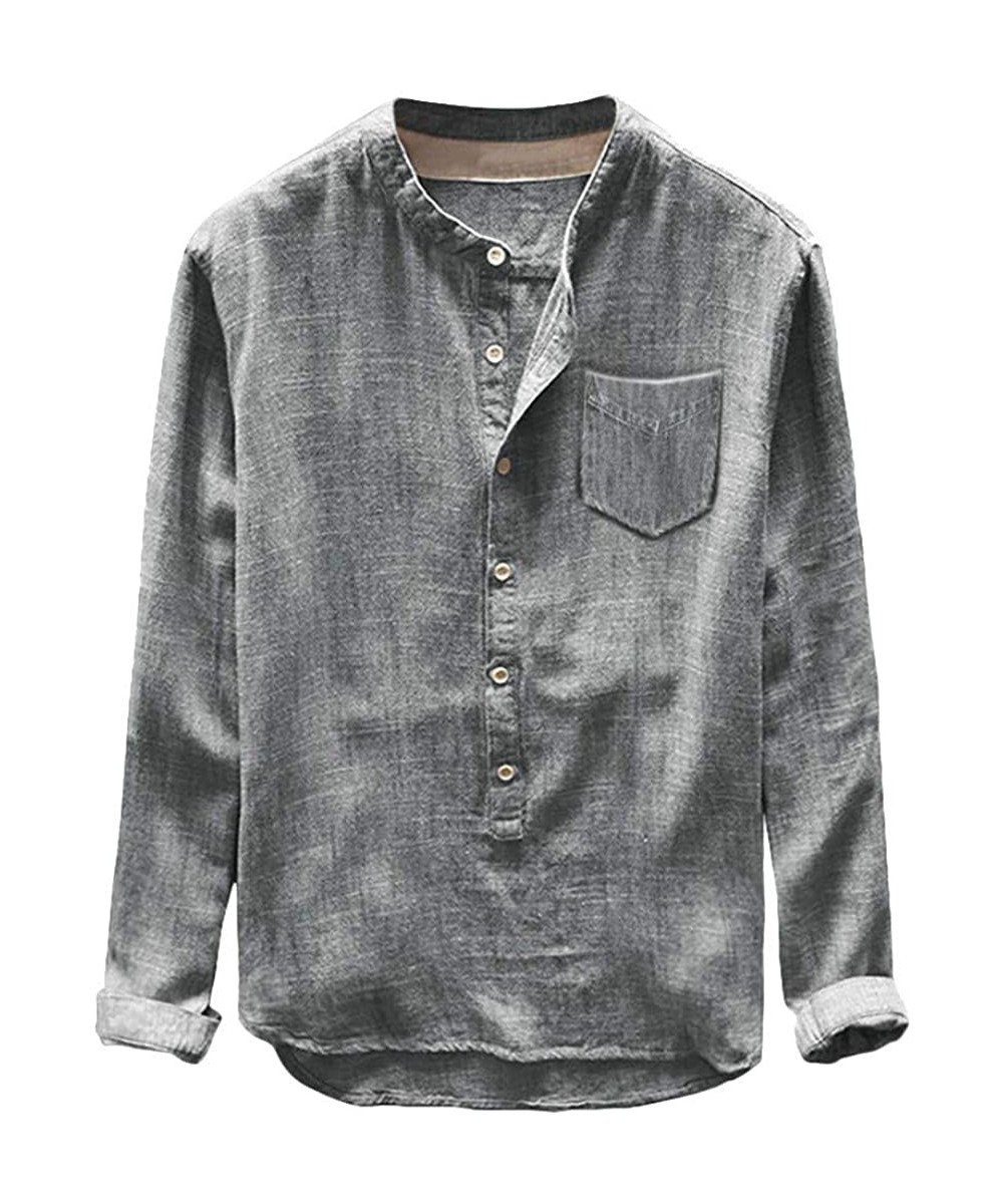 Mens Autumn Winter Button Casual Linen and Cotton Long Sleeve Top Blouse - Gray - CY18WO029EY $19.84-Rash Guards