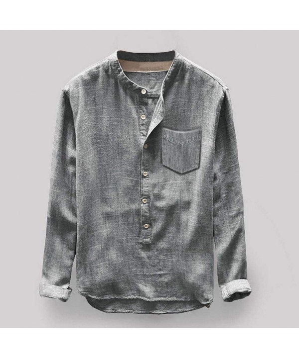 Mens Autumn Winter Button Casual Linen and Cotton Long Sleeve Top Blouse - Gray - CY18WO029EY $19.84-Rash Guards