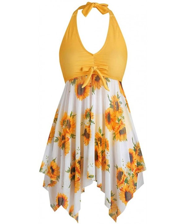 Women's Plus Size Fashion 2 PC Sunflower Print Halter Tankini Swimsuit Camisole Tops Swimwear Thong Bathing Suit Orange - CL1...