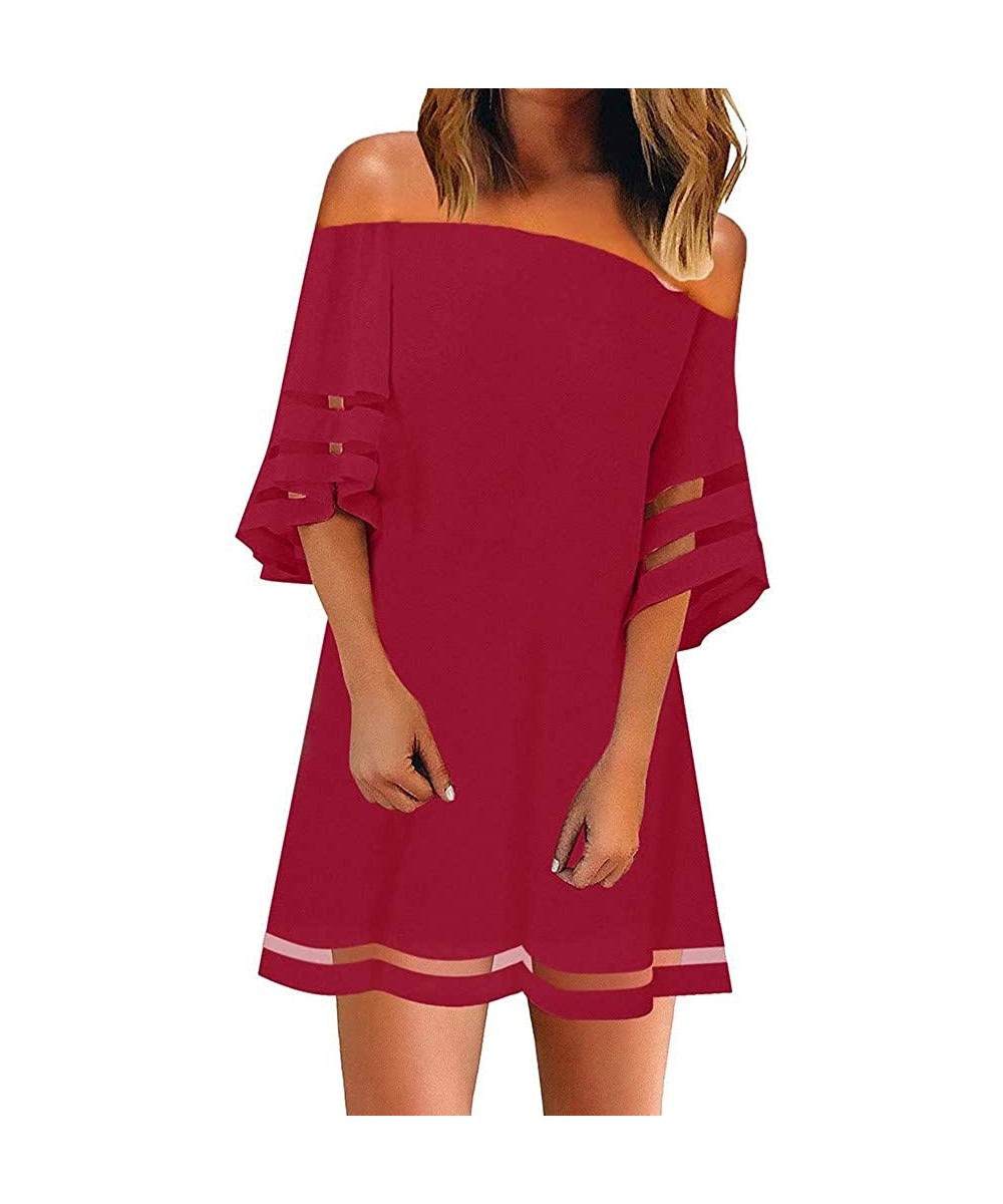 Dresses for Women Summer V Neck Mini Dress Casual Solid Mesh Panel 3/4 Bell Sleeve Loose Cocktail Party Dresses Z3 red - C019...