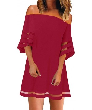 Dresses for Women Summer V Neck Mini Dress Casual Solid Mesh Panel 3/4 Bell Sleeve Loose Cocktail Party Dresses Z3 red - C019...