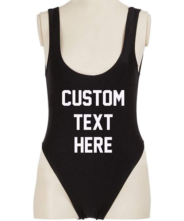 Women's Personalized Text Bathing Suits Inspired High Cut Low Back One Piece Swimwear Black(message for Custom Text) - CQ18WU...