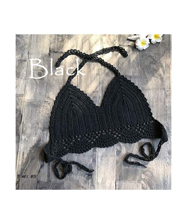 Sexy Bikini Top - Women Lace Crochet Bikini Top Crochet Knit Crop Top Summer Beach Halter Bra - black - C718UNA22ZG $12.59-Tops