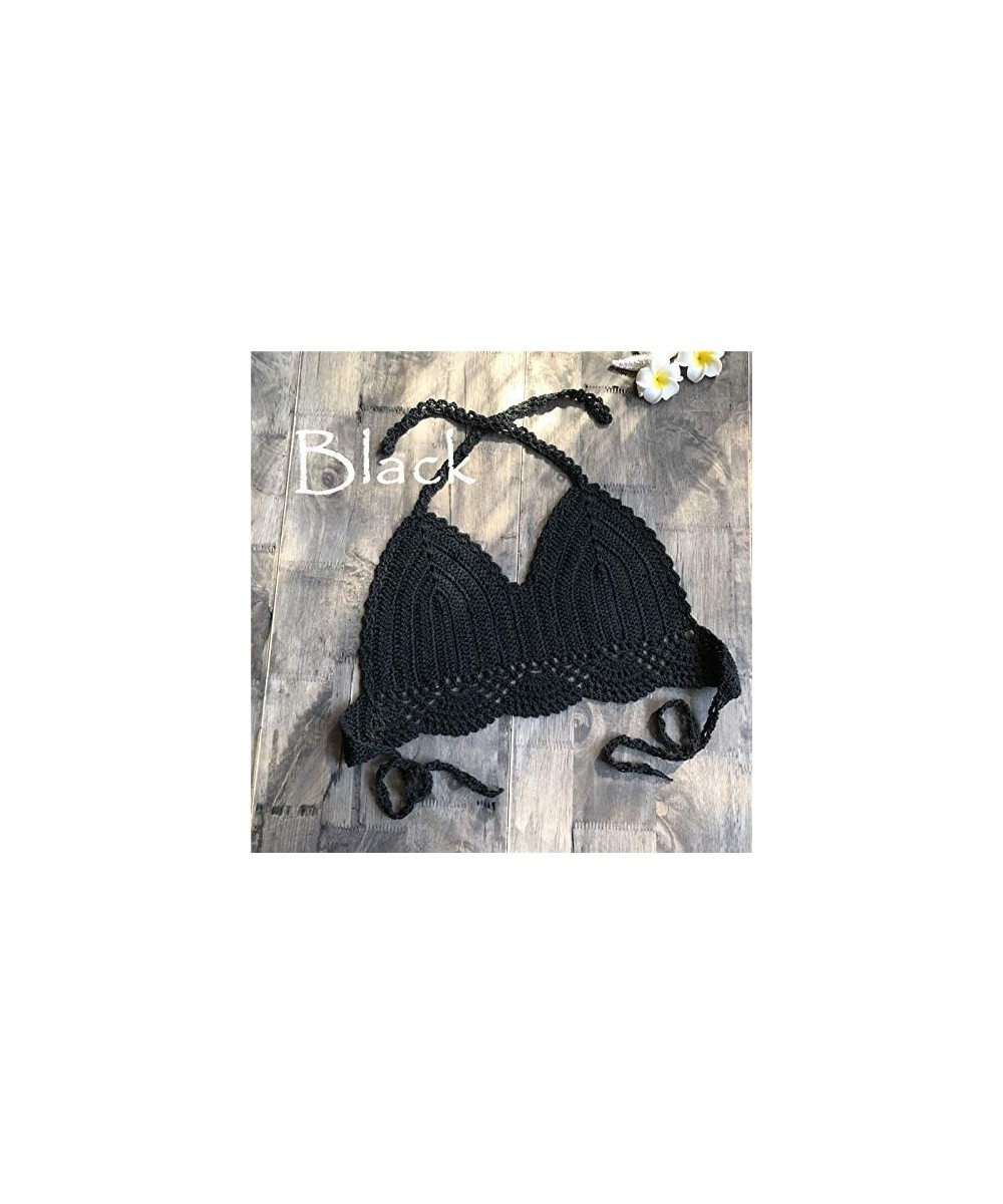 Sexy Bikini Top - Women Lace Crochet Bikini Top Crochet Knit Crop Top Summer Beach Halter Bra - black - C718UNA22ZG $12.59-Tops