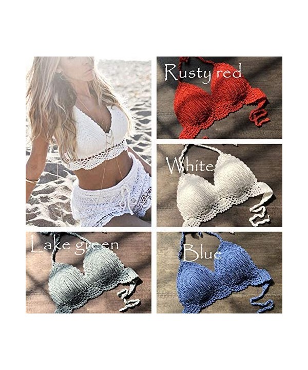 Sexy Bikini Top - Women Lace Crochet Bikini Top Crochet Knit Crop Top Summer Beach Halter Bra - black - C718UNA22ZG $12.59-Tops