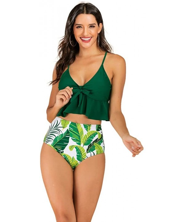 Women Two Piece Hihg Waisted Flounce Bikini V Neck Printed Swimwear - Green - C118WGOO09X $20.82-Sets