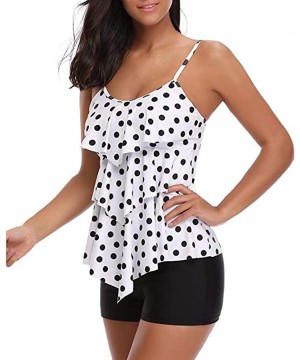 Tankini Swimsuits for Women Two Piece Swimsuit Flounce Printed Tummy Control Tankini with Boyshort Bathing Suits - White Dots...