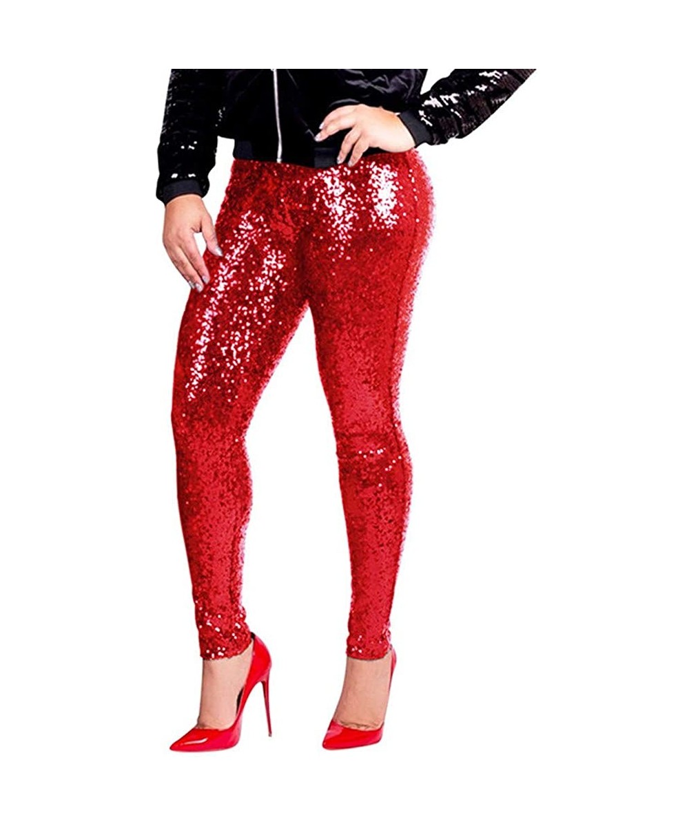 Women Shiny Metallic Plus Size Sequin Slim High Waist Vintage Leggings Pants Ladies Sexy Clubwear Trousers - Red - CK18NRGL0M...