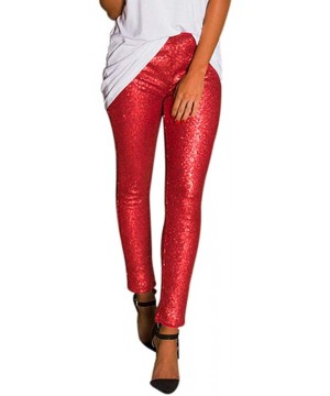 Women Shiny Metallic Plus Size Sequin Slim High Waist Vintage Leggings Pants Ladies Sexy Clubwear Trousers - Red - CK18NRGL0M...