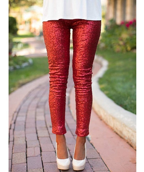 Women Shiny Metallic Plus Size Sequin Slim High Waist Vintage Leggings Pants Ladies Sexy Clubwear Trousers - Red - CK18NRGL0M...