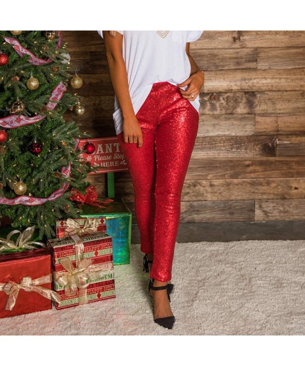 Women Shiny Metallic Plus Size Sequin Slim High Waist Vintage Leggings Pants Ladies Sexy Clubwear Trousers - Red - CK18NRGL0M...