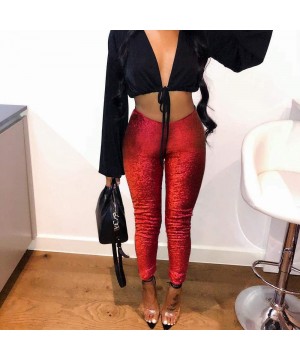 Women Shiny Metallic Plus Size Sequin Slim High Waist Vintage Leggings Pants Ladies Sexy Clubwear Trousers - Red - CK18NRGL0M...