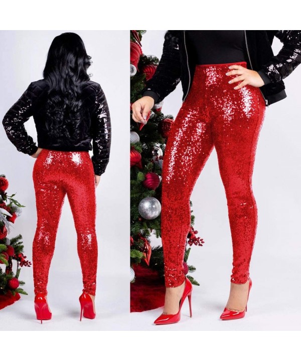 Women Shiny Metallic Plus Size Sequin Slim High Waist Vintage Leggings Pants Ladies Sexy Clubwear Trousers - Red - CK18NRGL0M...