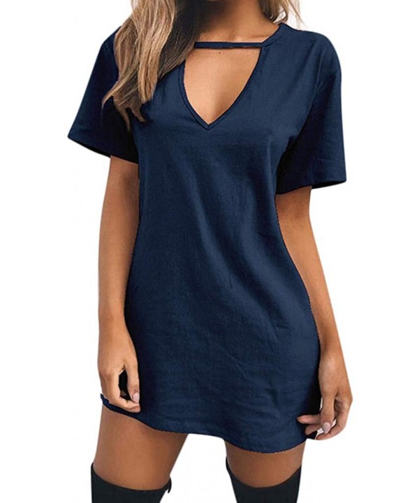 Evening Dresses Sexy Casual Loose Mini Dress Short Sleeve Jumper Baggy Party Dress Choker Strap V Neck Dress Navy - C618TTA4U...