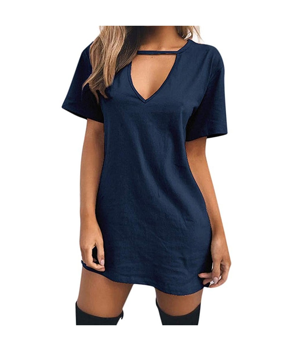 Evening Dresses Sexy Casual Loose Mini Dress Short Sleeve Jumper Baggy Party Dress Choker Strap V Neck Dress Navy - C618TTA4U...