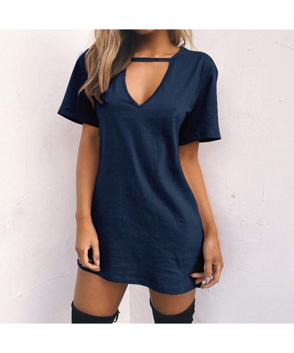 Evening Dresses Sexy Casual Loose Mini Dress Short Sleeve Jumper Baggy Party Dress Choker Strap V Neck Dress Navy - C618TTA4U...