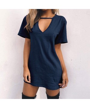 Evening Dresses Sexy Casual Loose Mini Dress Short Sleeve Jumper Baggy Party Dress Choker Strap V Neck Dress Navy - C618TTA4U...