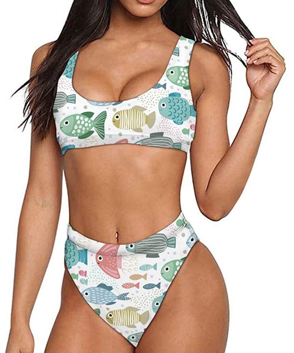 Stylish Allover Print Women Cheeky Bikini Scoop Neck Sporty Top High Cut Bottom Bathing Suits - Cartoon Fish - CZ18OY859KU $2...