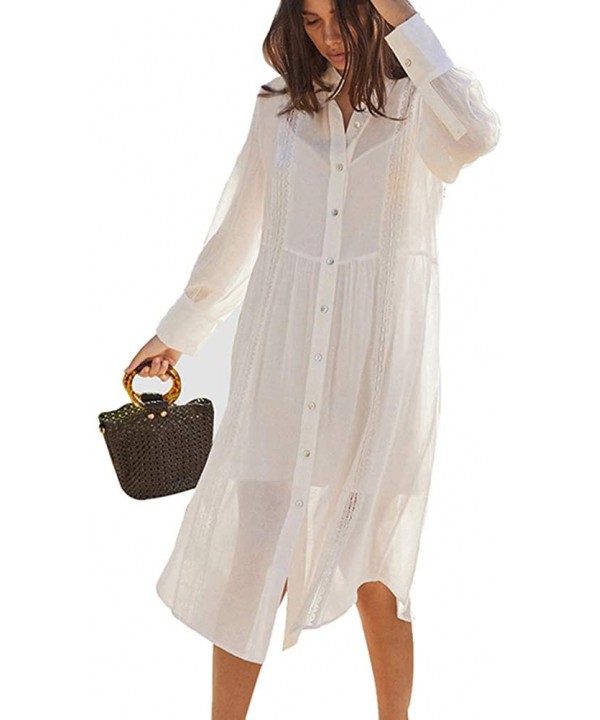 Women Sexy Vogue Button Down Shirts Crinkle Chiffon Bathing Suit Cover up Beachwear - 5-white-b - CW190MMYXMO $15.96-Cover-Ups