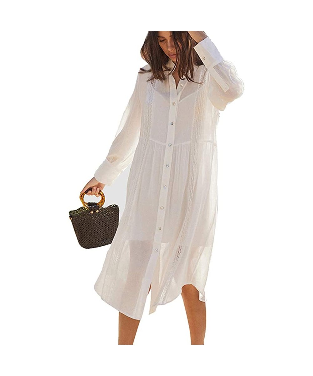 Women Sexy Vogue Button Down Shirts Crinkle Chiffon Bathing Suit Cover up Beachwear - 5-white-b - CW190MMYXMO $15.96-Cover-Ups