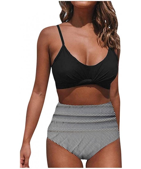 Womens High Waisted Ruched Swimsuit Spaghetti Strap Front Twist Top Two Piece Bathing Suit Swimwear - Black - CS193Z5IC2W $11...