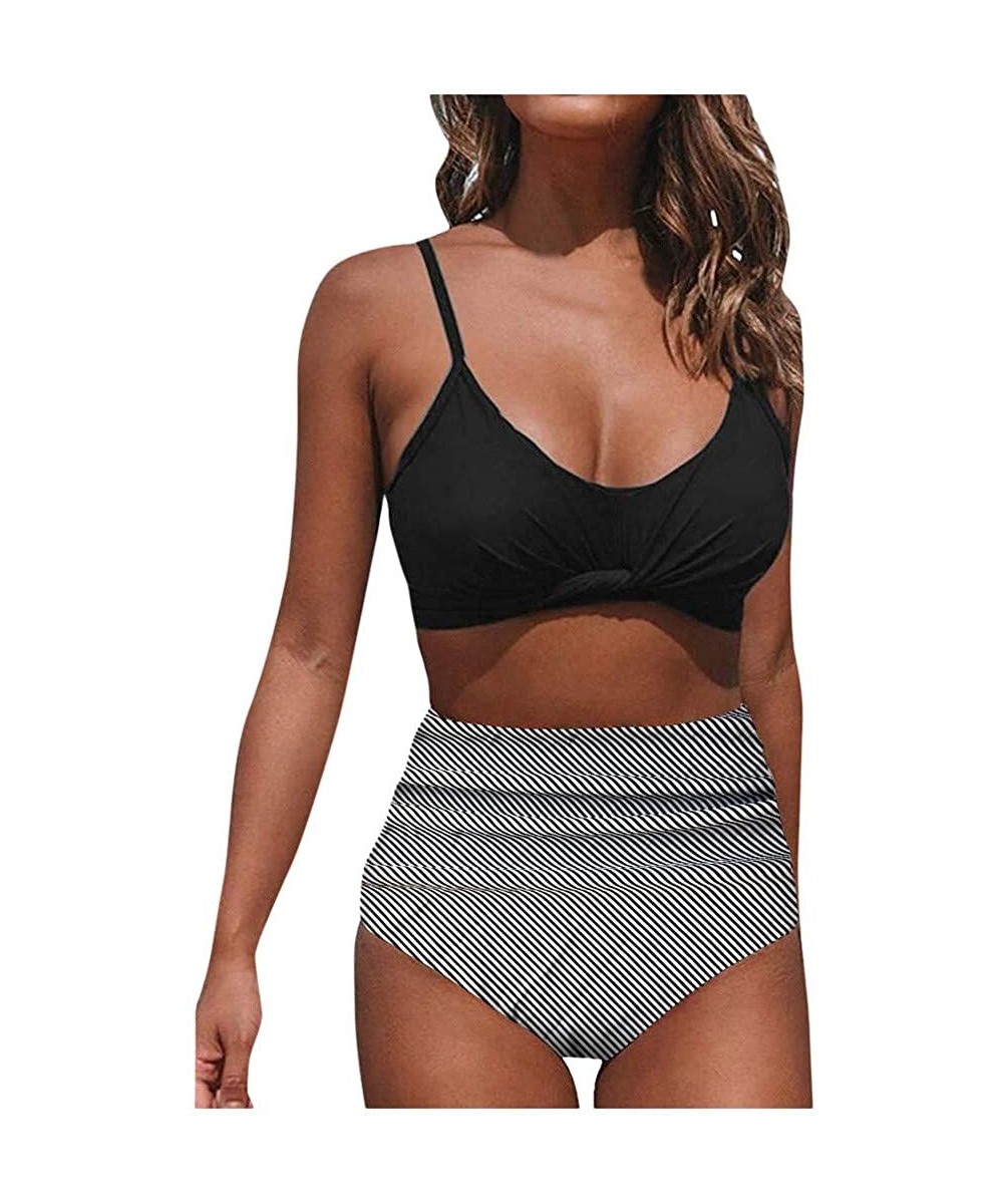 Womens High Waisted Ruched Swimsuit Spaghetti Strap Front Twist Top Two Piece Bathing Suit Swimwear - Black - CS193Z5IC2W $11...