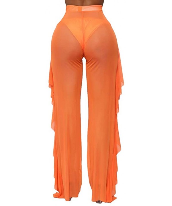 Women Perspective Sheer Mesh Casual Pants Bikini Bottom Cover Up Long Trousers - Orange - CM18QYL27EW $11.71-Cover-Ups