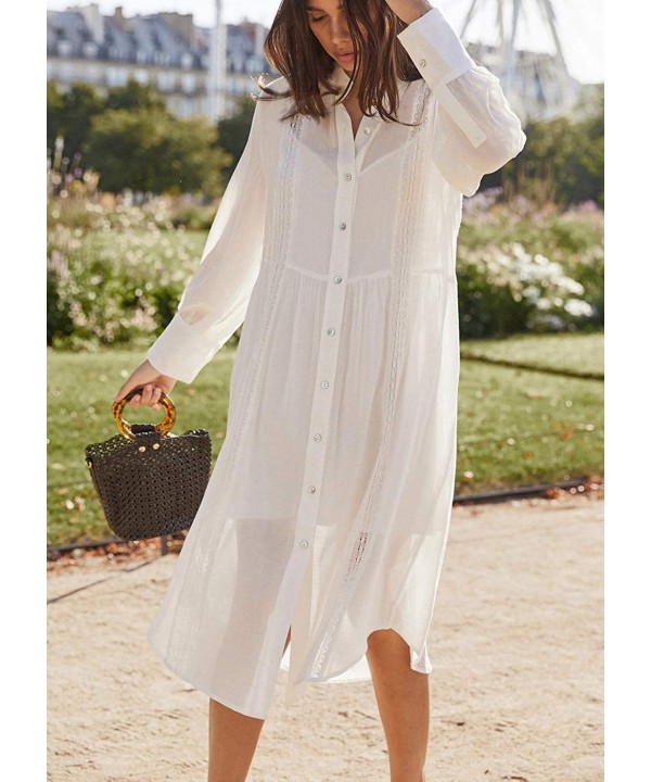 Women Sexy Vogue Button Down Shirts Crinkle Chiffon Bathing Suit Cover up Beachwear - 5-white-b - CW190MMYXMO $15.96-Cover-Ups