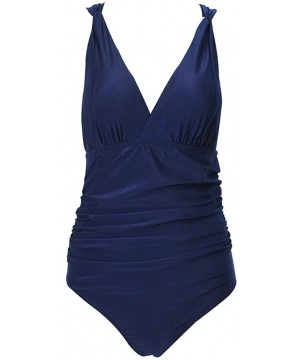 Women's One Piece V-Neckline Ruched Monokini Solid Swimwear Tummy Control Bathing Suit Large Size M-4XL - Blue - C118RIWMHQ6 ...