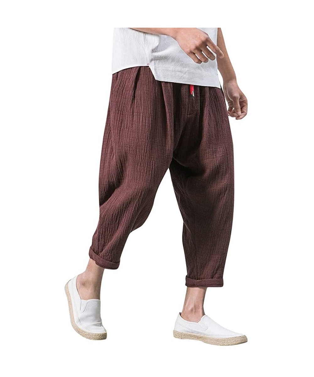 Men's Pants Casual Baggy Harem Pants Loose Drawstring Jogger 3/4 Capri Pants with Big Pockets - Coffee - CK18WIGX4Z4 $23.90-T...