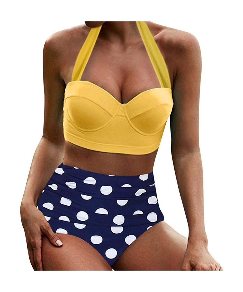 Women's High Waist Bikini Swimwear Women's Vintage Print Beachwear Bikini Set Swimwear - C3-yellow - CD196LZUM3E $13.25-Tops