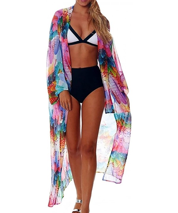 Women's Sheer Chiffon Kimono Cardigan Long Boho Beach Dress Printed Open Front Swimsuit Cover Up Swimwear Printed J - C1194EH...