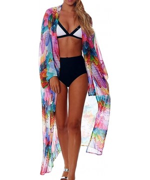 Women's Sheer Chiffon Kimono Cardigan Long Boho Beach Dress Printed Open Front Swimsuit Cover Up Swimwear Printed J - C1194EH...