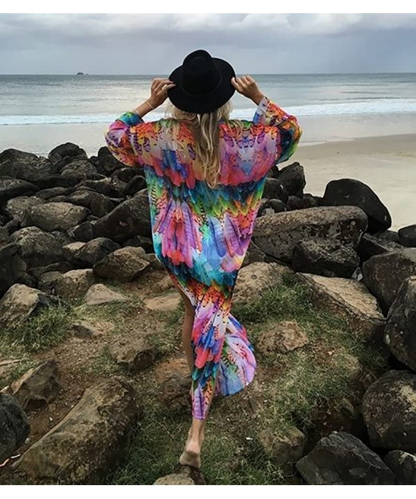 Women's Sheer Chiffon Kimono Cardigan Long Boho Beach Dress Printed Open Front Swimsuit Cover Up Swimwear Printed J - C1194EH...