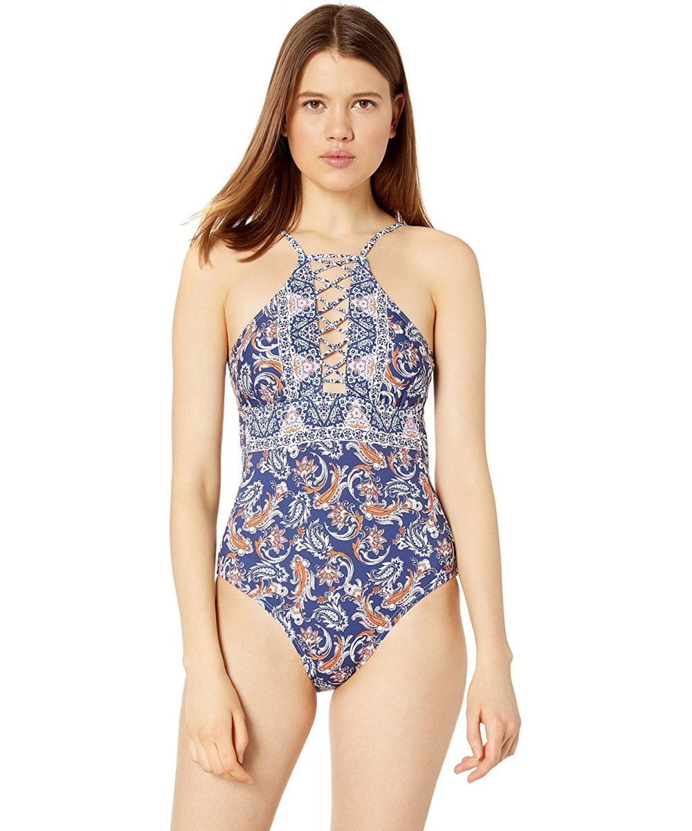 Women's High Neck Strappy Front One Piece Swimsuit - Blue//Way to Boho - CQ18I3T5UR5 $40.47-One-Pieces