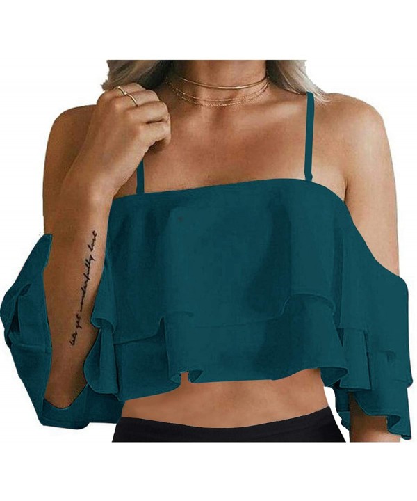 Women Flounce Swimsuit Off Shoulder Ruffled Chic Bikini Tops - Deep Green - CK196D6T2DI $13.71-Tops