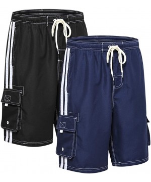 Mens Beach Board Shorts Swim Trunks with Cargo Pockets - 2 Pack-black/Navy - CF194OT8KDK $36.43-Trunks