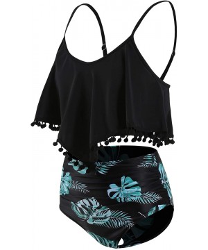 Bikini Swimsuit for Women High Waisted Flounce Crop Top Swimwear Two Piece Tassel Trim Bathing Suits Set - Black + Teal Leave...