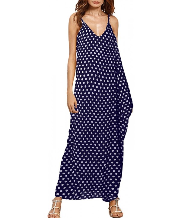 Women Maxi Dress Casual Long Dresses with Pockets Floral Sundress Printed V Neck Strappy Long Dresses Cover up 02 navy - C718...