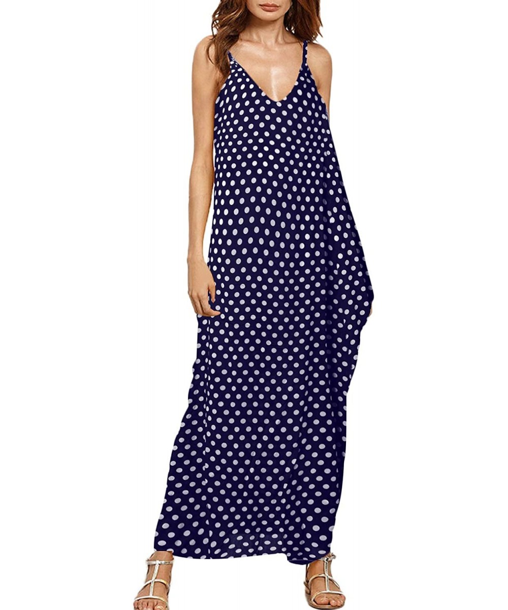 Women Maxi Dress Casual Long Dresses with Pockets Floral Sundress Printed V Neck Strappy Long Dresses Cover up 02 navy - C718...