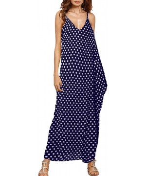 Women Maxi Dress Casual Long Dresses with Pockets Floral Sundress Printed V Neck Strappy Long Dresses Cover up 02 navy - C718...