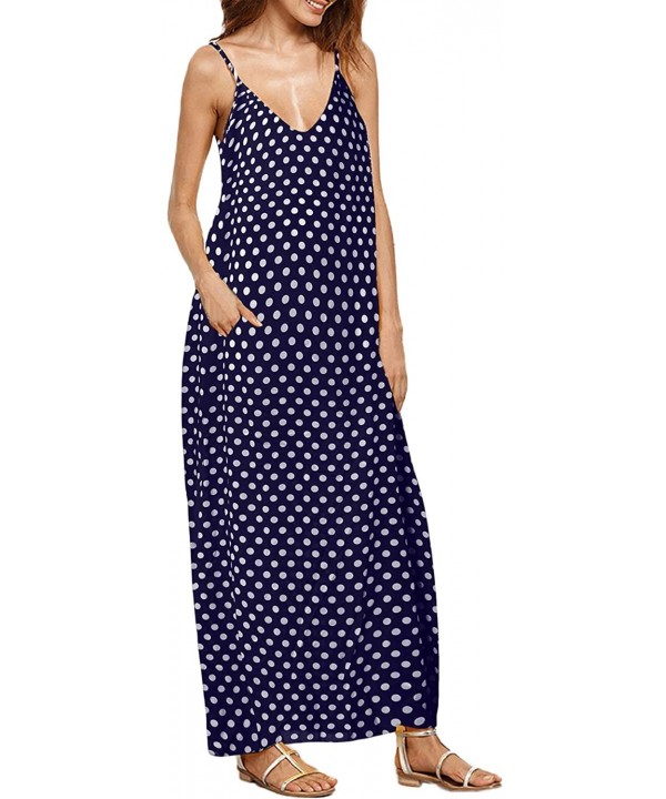 Women Maxi Dress Casual Long Dresses with Pockets Floral Sundress Printed V Neck Strappy Long Dresses Cover up 02 navy - C718...