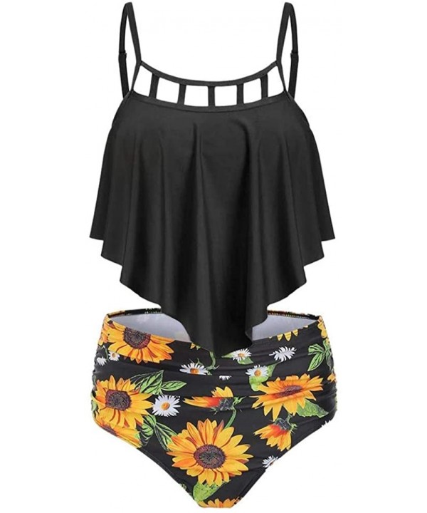 Sunflower Swimsuits for Women Two Piece Flounce Bikini Set Tummy Control Racerback Tankini Top High Waist Swimwear - Black Su...