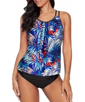 Women 2 Piece Blouson Printed Strappy Criss Cross Back Tankini Top with Bikini Bottom Bathing Suits - Az Blue - CP196YSN3G9 $...