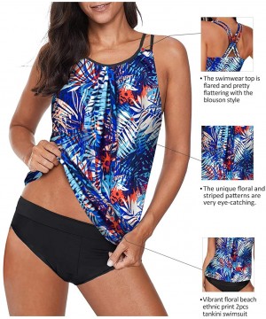 Women 2 Piece Blouson Printed Strappy Criss Cross Back Tankini Top with Bikini Bottom Bathing Suits - Az Blue - CP196YSN3G9 $...