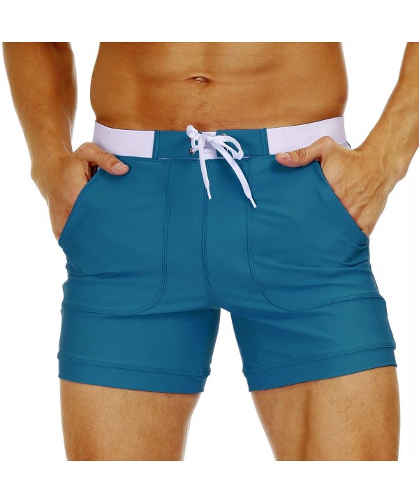 Men's Swimwear Swimsuits Solid Basic Long Swim Boxer Trunks Board Shorts with Pockets - Peacock Blue - CI19EW05M0H $15.83-Trunks