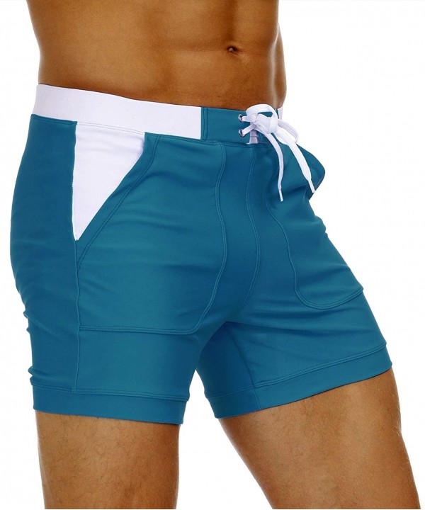 Men's Swimwear Swimsuits Solid Basic Long Swim Boxer Trunks Board Shorts with Pockets - Peacock Blue - CI19EW05M0H $15.83-Trunks