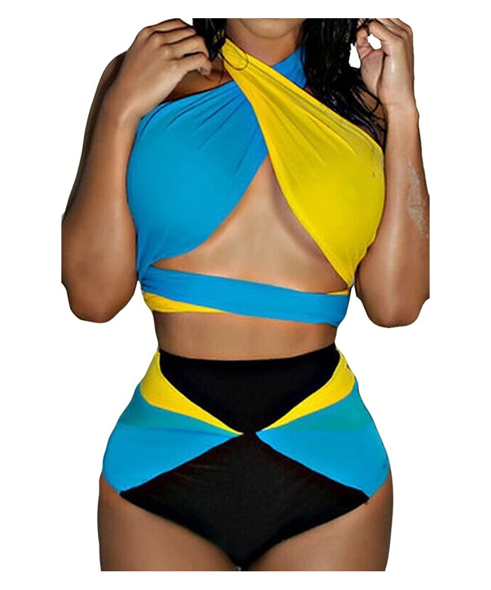 Women's High Waist Criss Cross No Support Bikini Set Swimsuit - Blue & Yellow - C718TRA0R8W $17.60-Sets