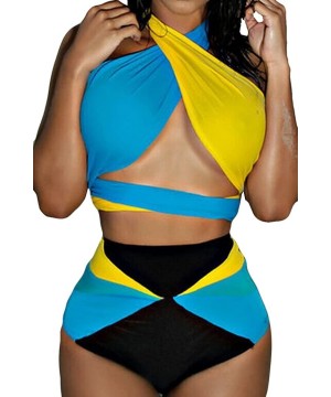 Women's High Waist Criss Cross No Support Bikini Set Swimsuit - Blue & Yellow - C718TRA0R8W $17.60-Sets