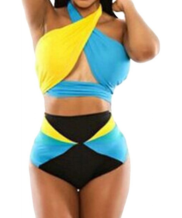 Women's High Waist Criss Cross No Support Bikini Set Swimsuit - Blue & Yellow - C718TRA0R8W $17.60-Sets